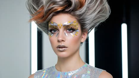 stunning high-fashion portrait featuring ethereal makeup and bold hair design, capturing a unique blend of glamour and creativity in a striking light environment