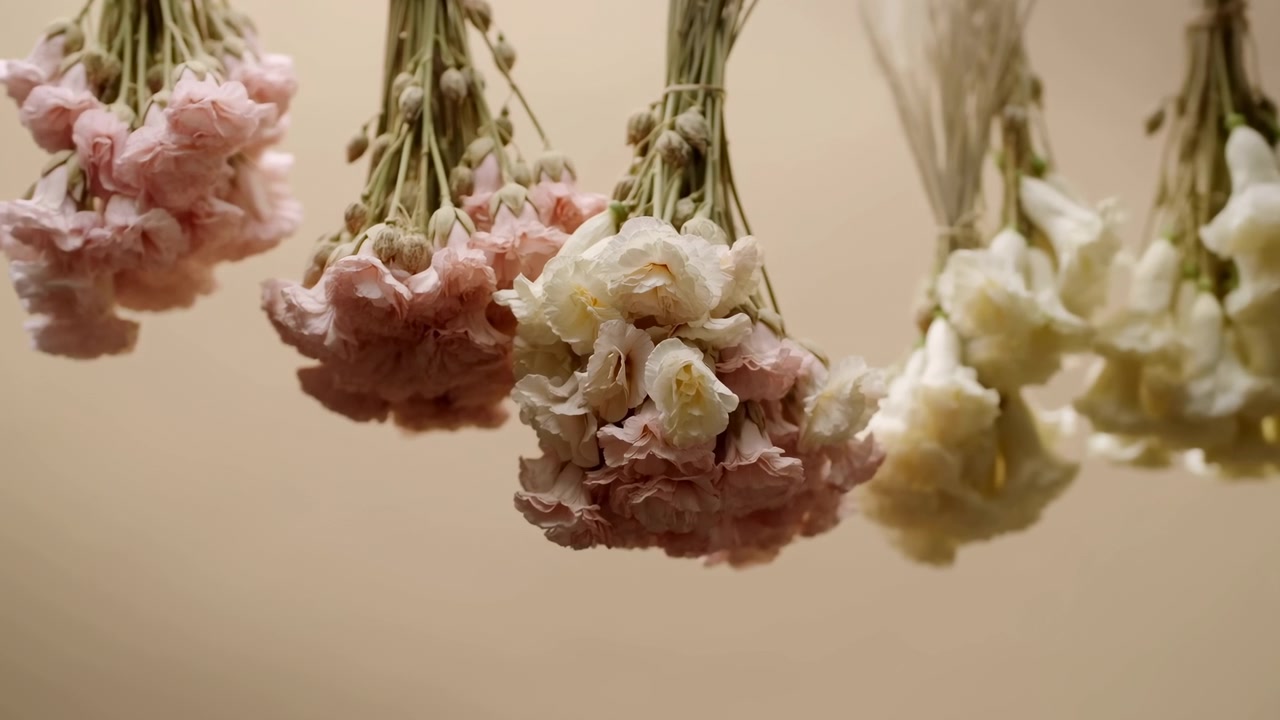 Dried pink and white flowers hang from thin stems tied with twine, gently swaying against a warm beige background. Soft natural light creates subtle shadows and a calm, airy atmosphere with delicate petal texture, suitable for cozy rustic and decoration concepts