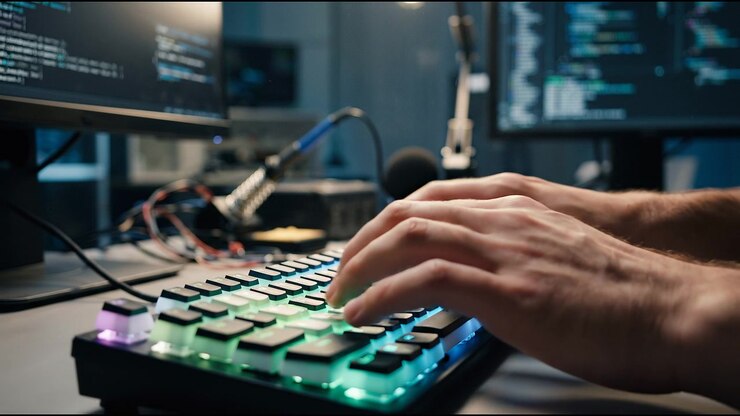 Close-up of Hands Typing on RGB Mechanical Keyboard