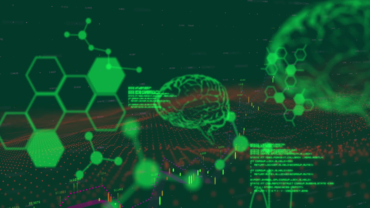 animación de cerebros humanos y procesamiento de datos sobre moléculas.
