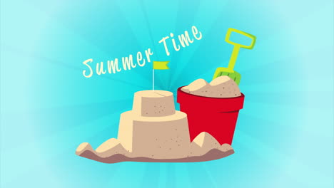 summer time lettering animation with sand castle and bucket