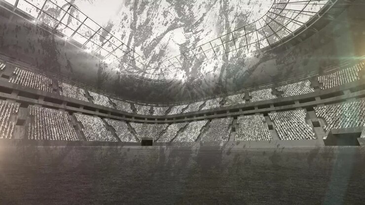 Animation of grey shapes over sport stadium