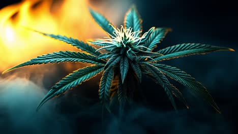 cannabis plant with fiery background. a vibrant cannabis plant stands out against a dramatic fiery backdrop, showcasing its intricate leaves and buds.