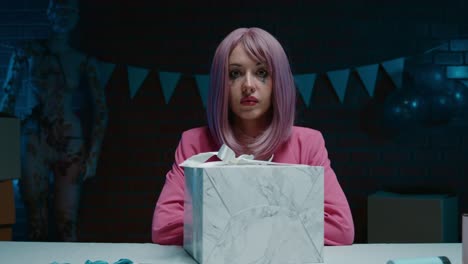 woman with pink hair and gift