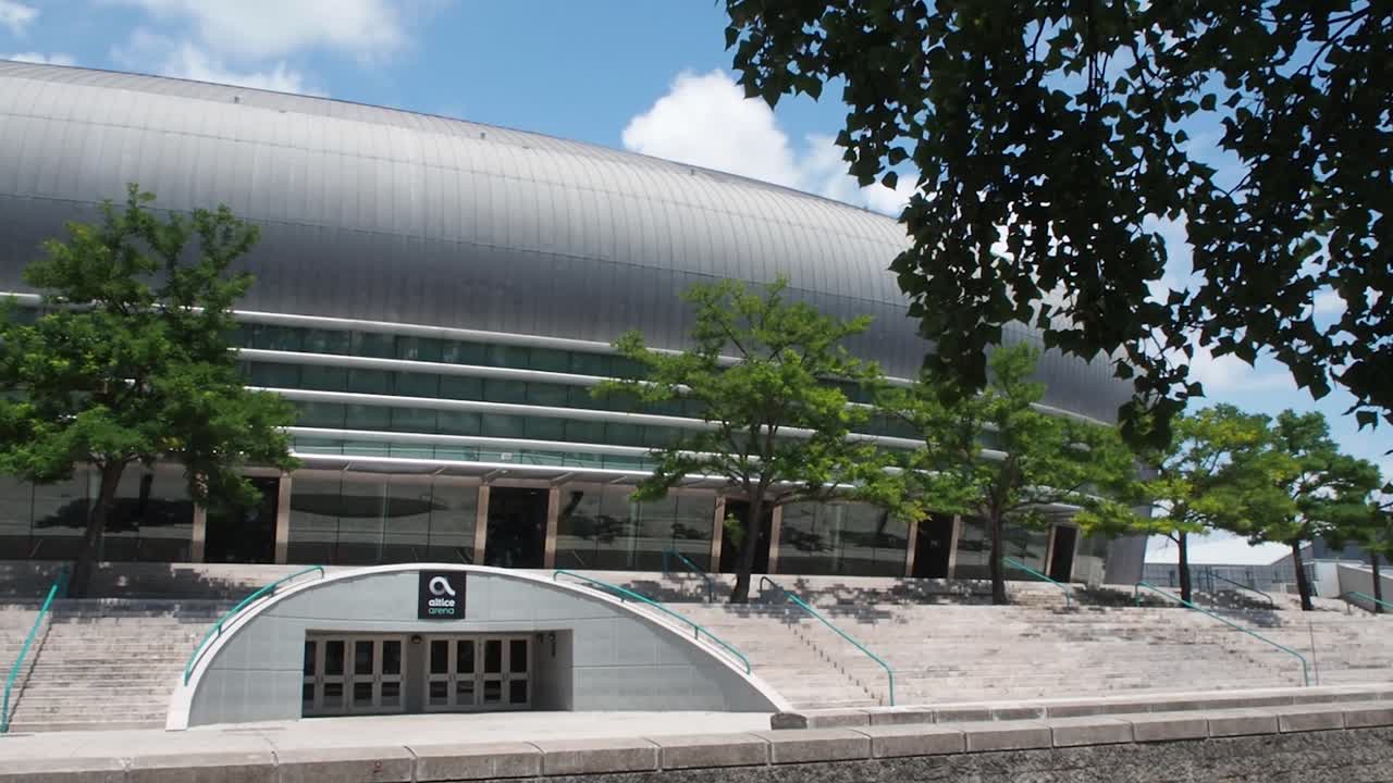 Atlantico Pavilion (Pavilhao Atlantico), currently called MEO Arena, in Park of Nations (Parque das Nacoes) seen across the Olivais Dock