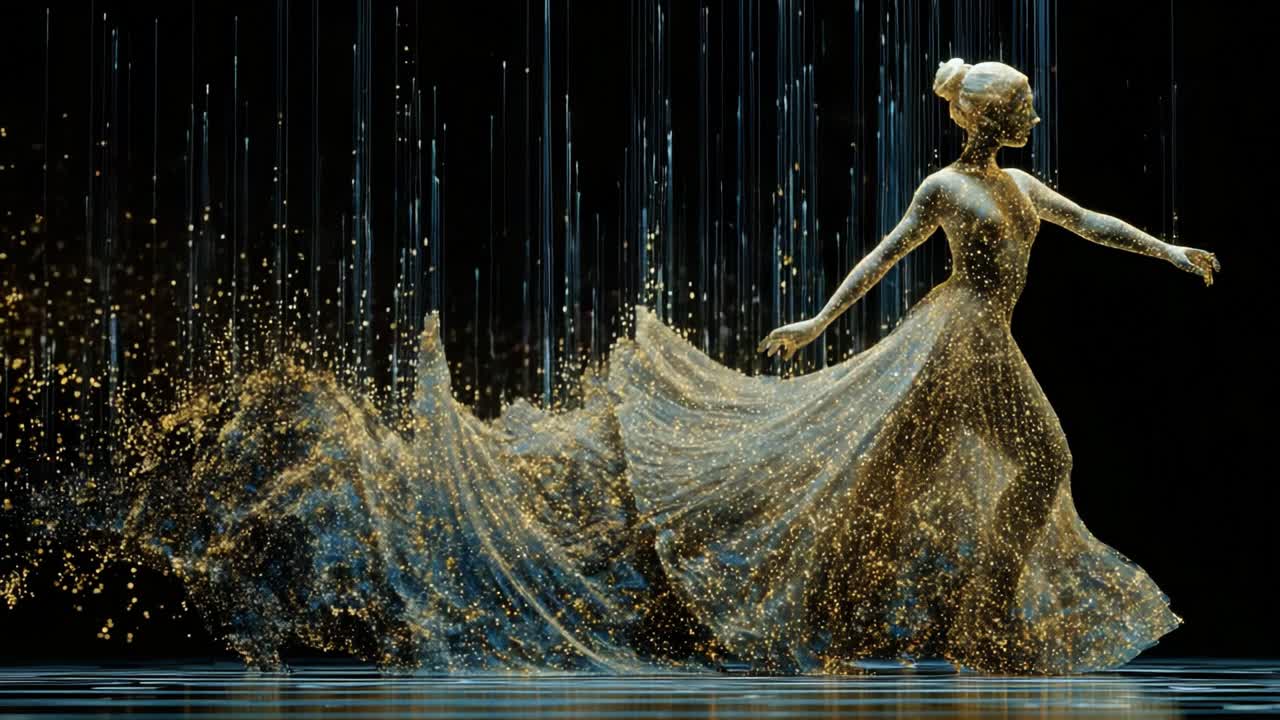 A captivating figure dances gracefully through a cascade of shimmering particles, creating an enchanting visual display that embodies movement, elegance, and artistry in a digital realm