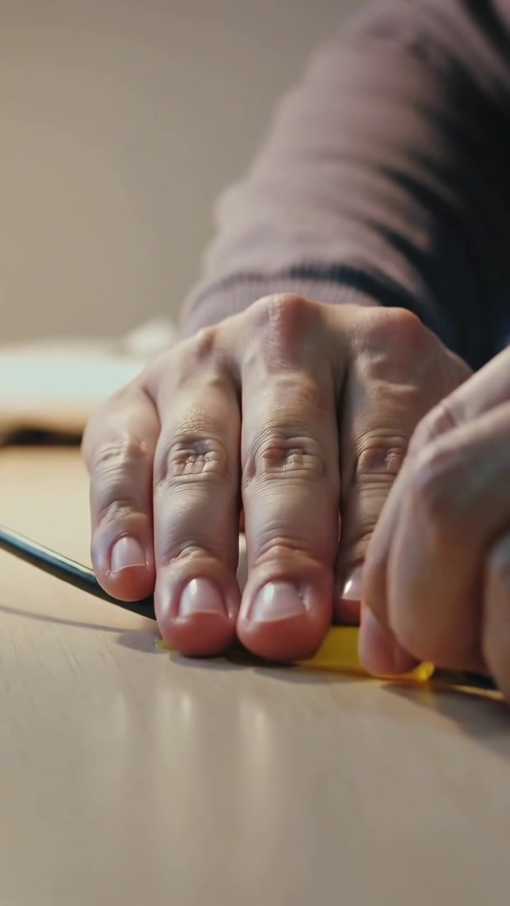 Video verticale: Si vedono le mani di un uomo con cavi esposti, con una maglietta scura, che fa scorrere un tubo giallo su un cavo alla scrivania.