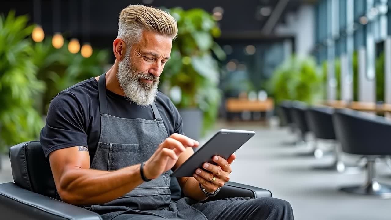 A man sitting in a chair using a tablet computer