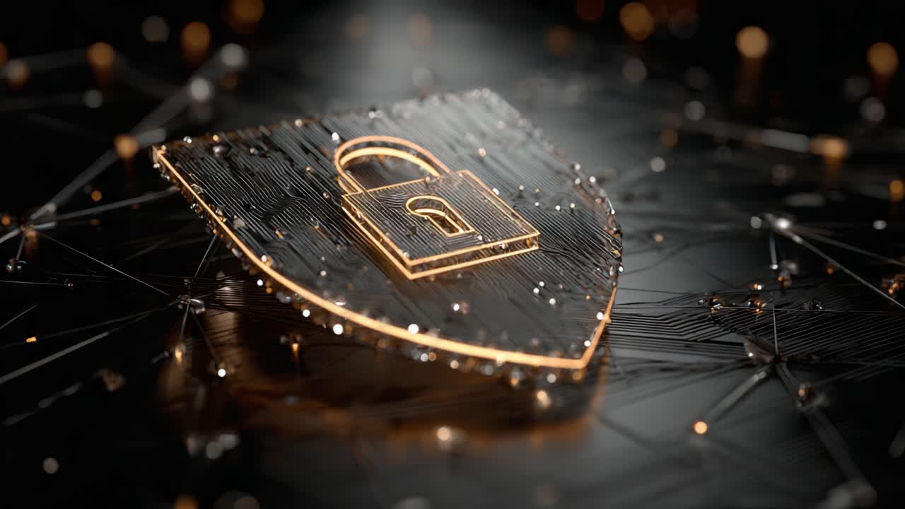 An Artistic Representation of a Secure Lock Icon on a Shield, Highlighting Themes of Protection and Cybersecurity Amidst Dynamic Network Connections
