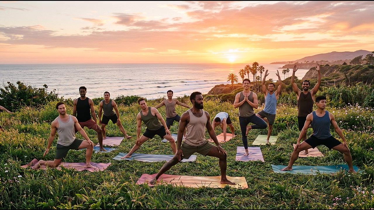 Outdoor yoga class stretching at sunset beside coastline during relaxing wellness retreat session