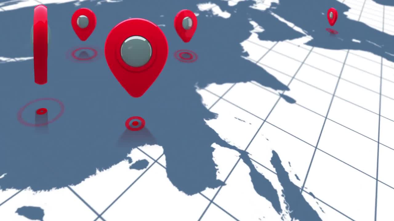 карта мира приближается к красным маркерам