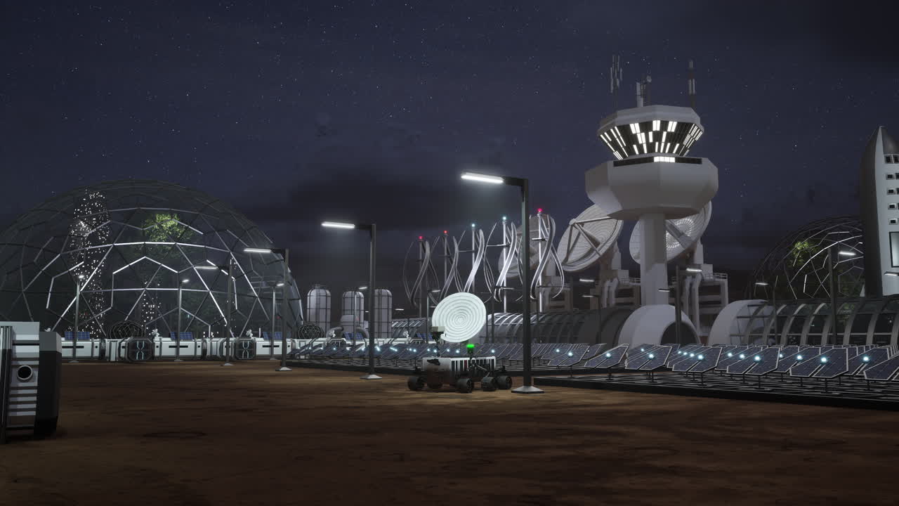 Exploration vehicle on alien planet parked near solar power collectors at night