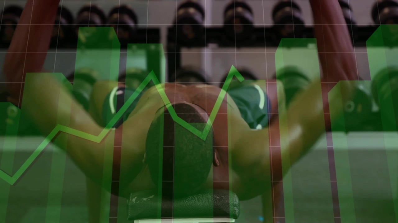 Man grabbing weights and pressing on bench with green graph overlay tracking fitness progress