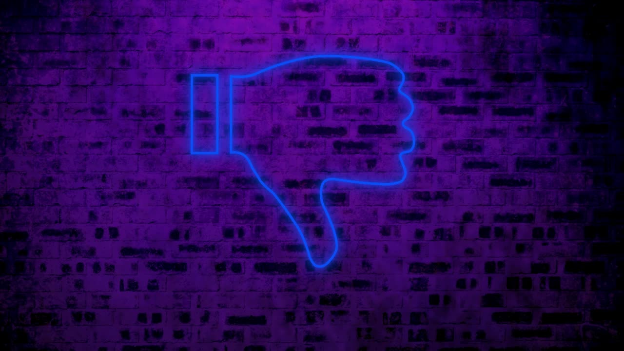 animación de neón parpadeante pulgares hacia abajo icono sobre pared de ladrillo