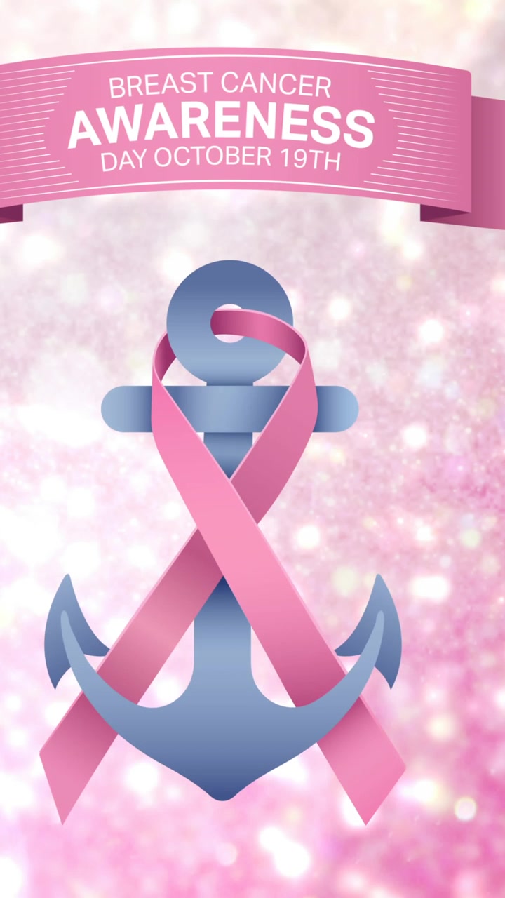 Animação de balões rosas voando sobre o logotipo de laço rosa com âncora e o texto "câncer".