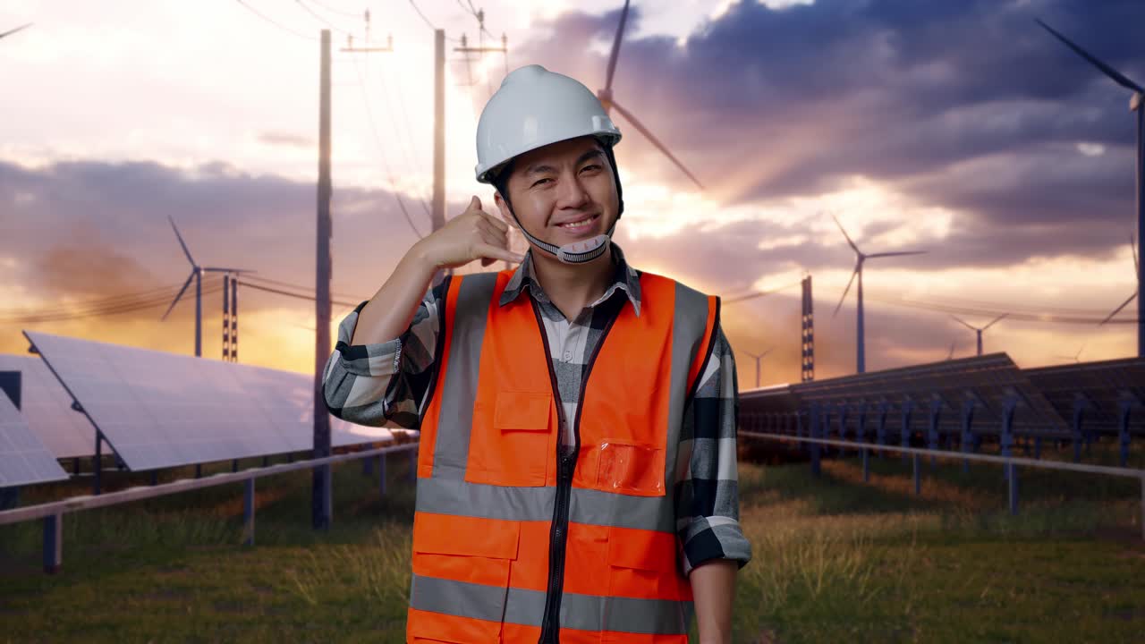 Asian Male Engineer With Safety Helmet Smiling To Camera And Making Call Me Gesture While Standing With Solar Panel and Wind Turbines