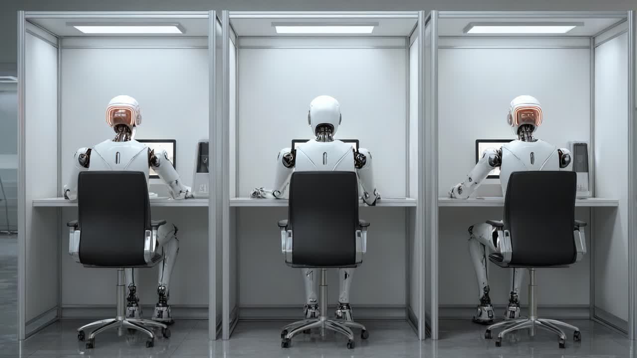 Robots Engaged in Work: A Glimpse into Modern Robotics and AI Integration in a High-Tech Office Environment