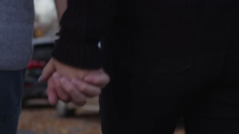 een jonge man en vrouw lopen door een straat vol gevallen, dode bladeren terwijl ze elkaars hand vasthouden