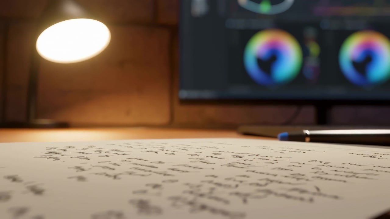Appunti scritti a mano sparsi su una scrivania in primo piano, con una lampada calda che brilla a sinistra e uno schermo colorato sfocato sullo sfondo, creando un