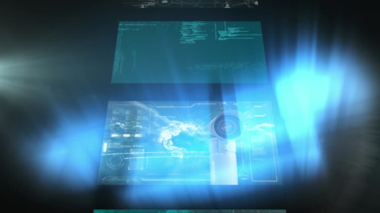 Multiple screens with data processing against blue spots of light on black background