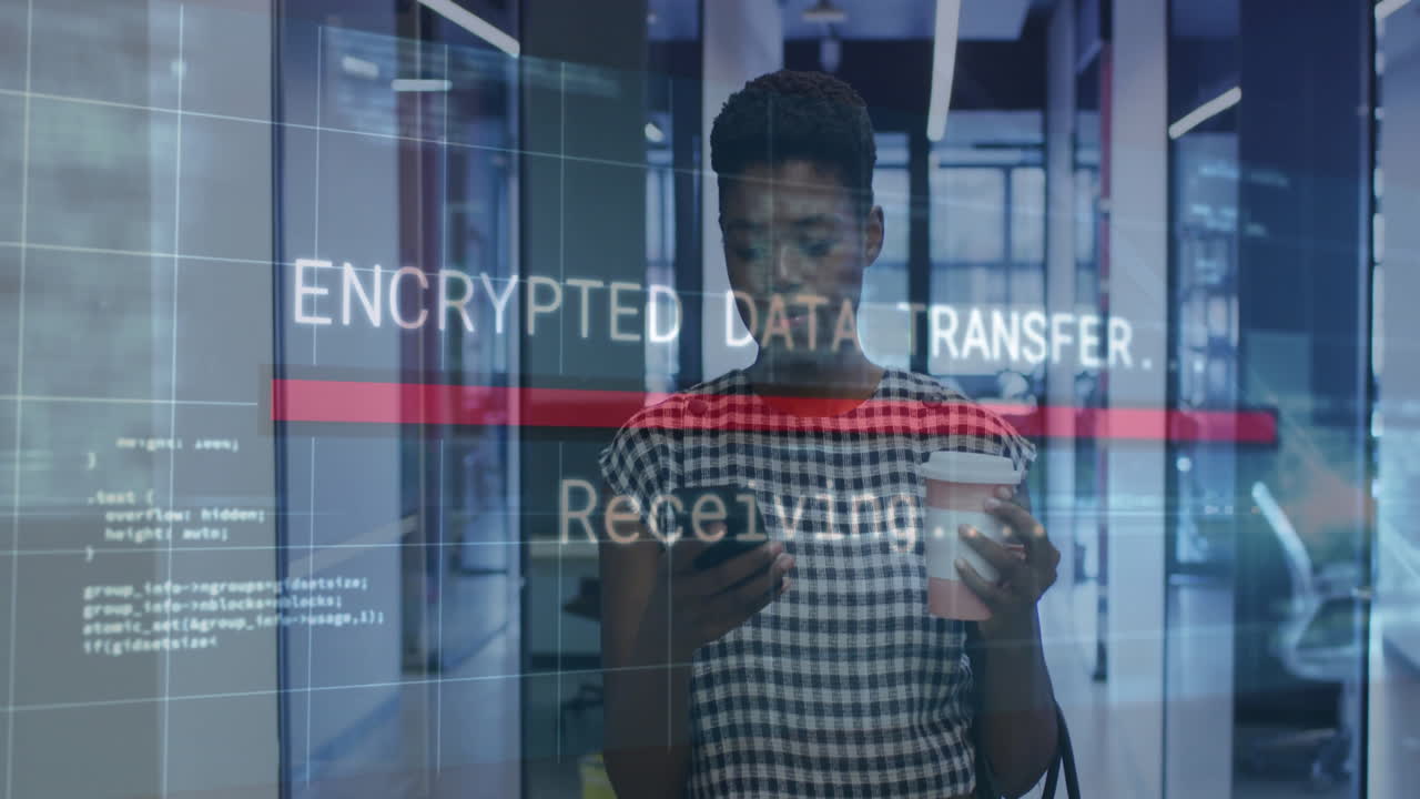 Person holding coffee and phone with encrypted data transfer animation overlay