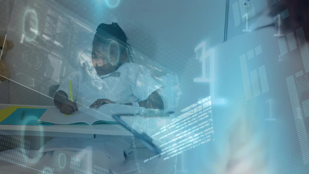 Animation of data processing over businessman using laptop