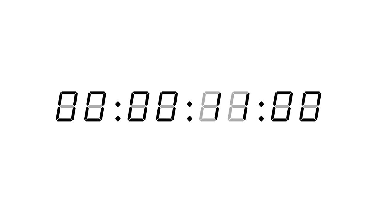 8-digits 60 seconds (1 minute) digital clock courting timer. black digits on white background. Retro digital alarm clock