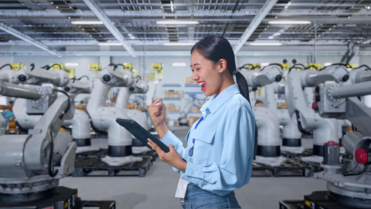 mujer celebrando el éxito en una moderna fábrica de robótica