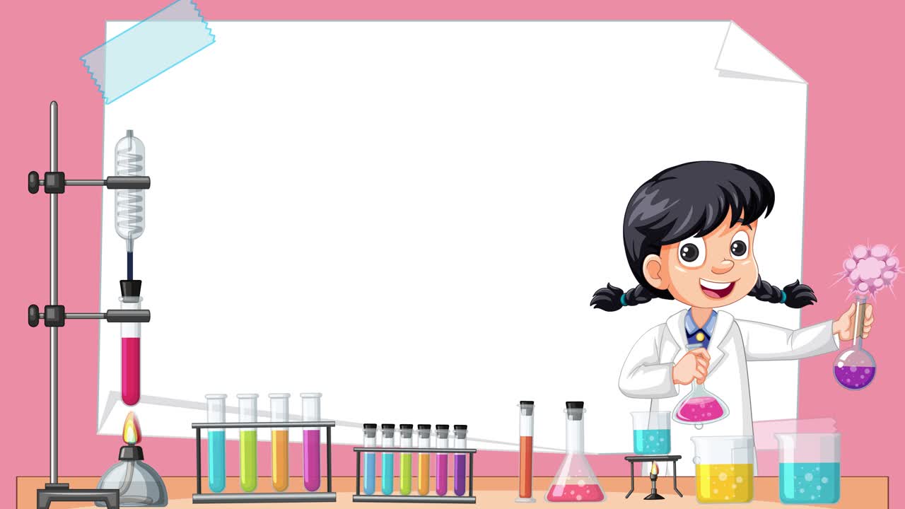 A cheerful girl in a lab coat mixes chemicals in a vibrant laboratory, causing a beaker to bubble and emit animated sparkles against a blank whiteboard