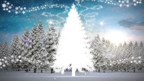 snow falling over christmas tree on winter landscape against clouds in the sky