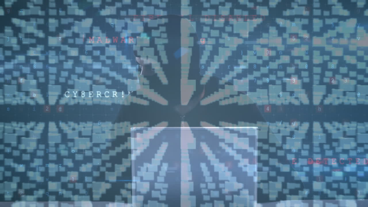 Animation of data processing, cyber crime and digital padlock over hacker on navy background