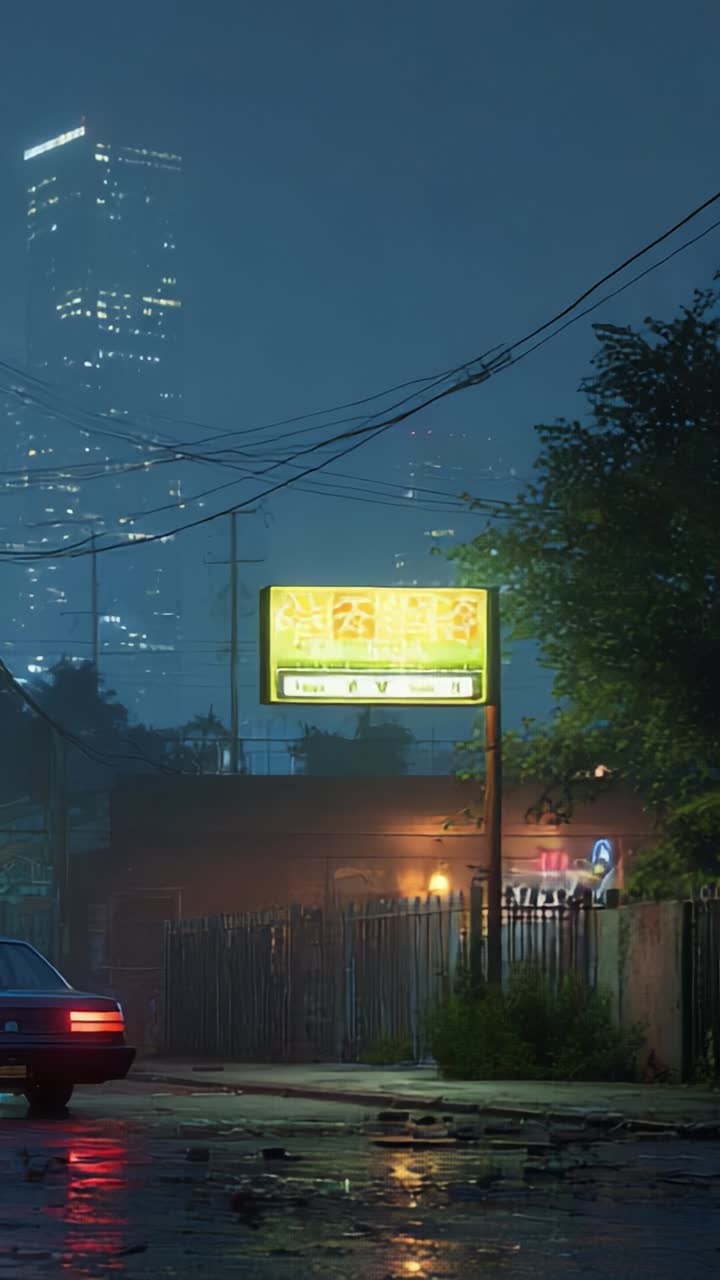 A Mysterious Urban Nightscape Capturing the Enigmatic Glow of a Neon Sign in a Rain-soaked City Backdrop with Skyscrapers Looming in the Distance