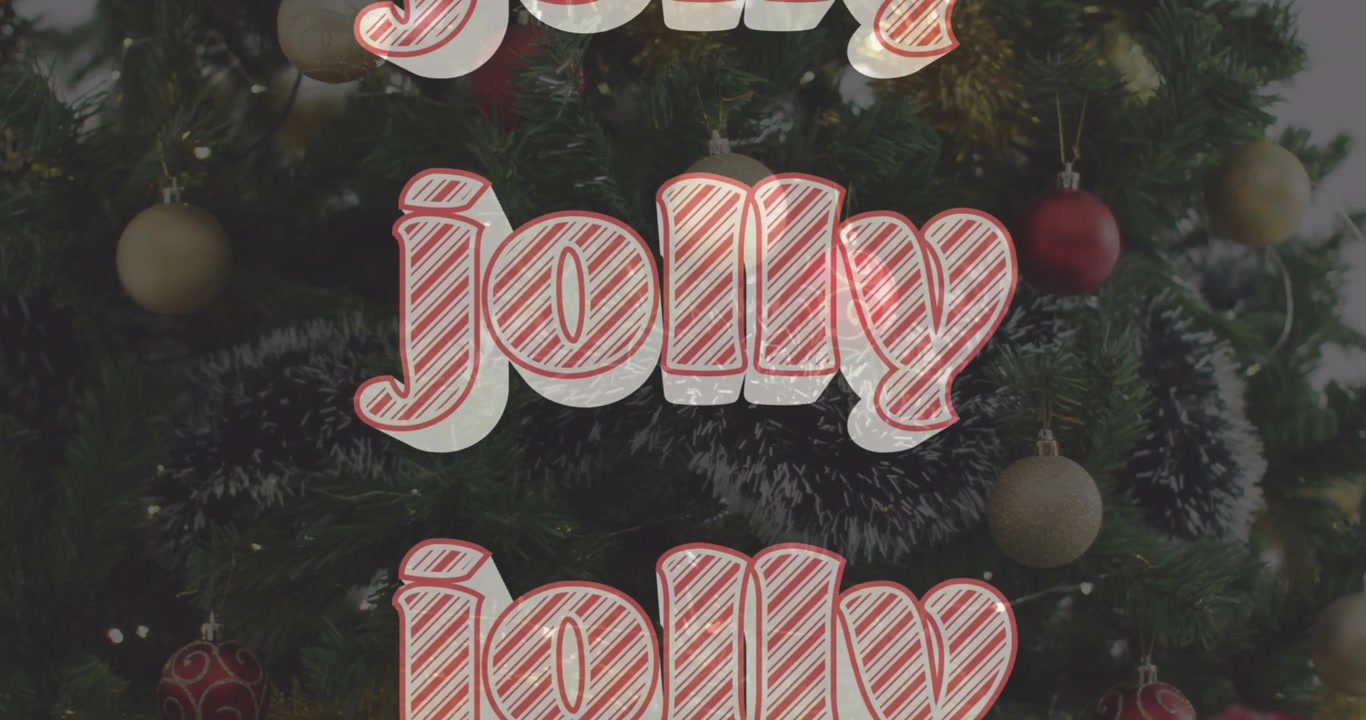 Animation af munter julettekst over et juletræ med pynt