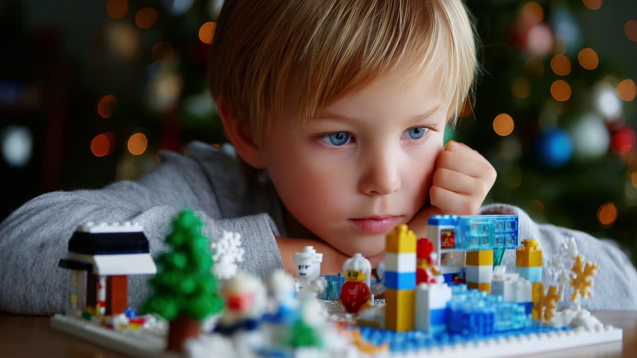 A Thoughtful Child Engages with a Colorful Lego Winter Scene, Capturing Imagination and Nostalgia Amidst a Festive Atmosphere of Holiday Cheer