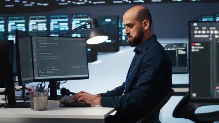 IT specialist in server farm ensuring valuable data remains shielded