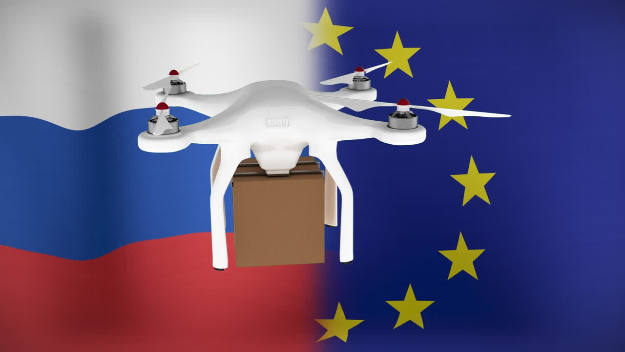 Animering av drönare med låda över flaggor från Ryssland och EU