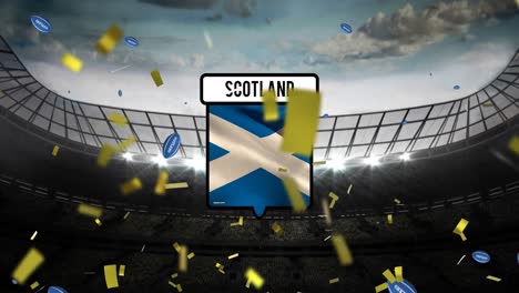 animation of confetti and flag of scotland over rugby balls falling at stadium