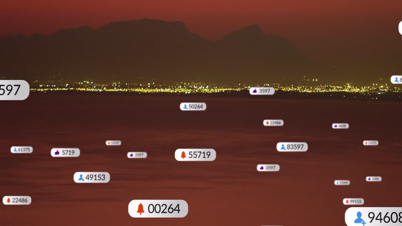 해가 지고 바다 풍경 위의 소셜 미디어 아이콘의 애니메이션