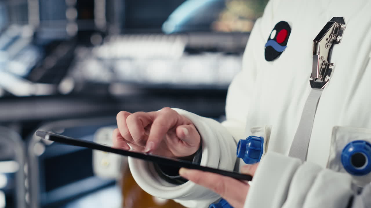 Astronaut monitoring life support systems before stepping out of space station