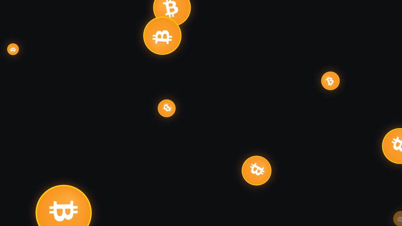 Monete di criptovaluta Bitcoin animate fluttuanti su sfondo scuro