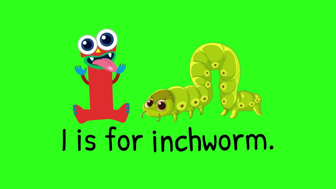 Colorful animation with letter 'I' and inchworm on green background. Playful transitions and engaging visuals create an educational experience