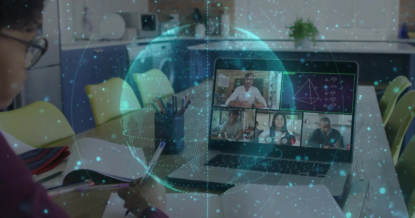 Vertical video: Writing student purple top viewing tutor moving at home laptop hologram, copy space