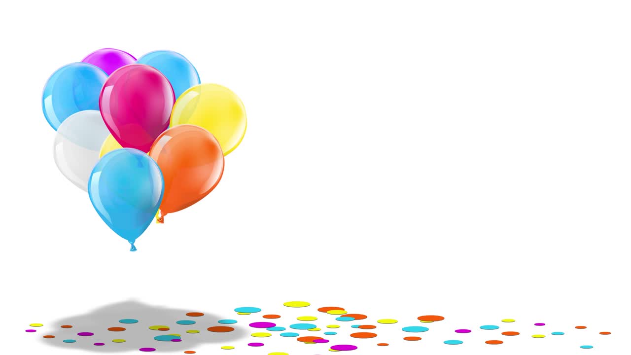 A seamlessly looping 3D animation CGI render of vibrant party balloons rising with confetti scattering beneath. Ideal video footage for celebrations, birthdays, promotions, and backgrounds