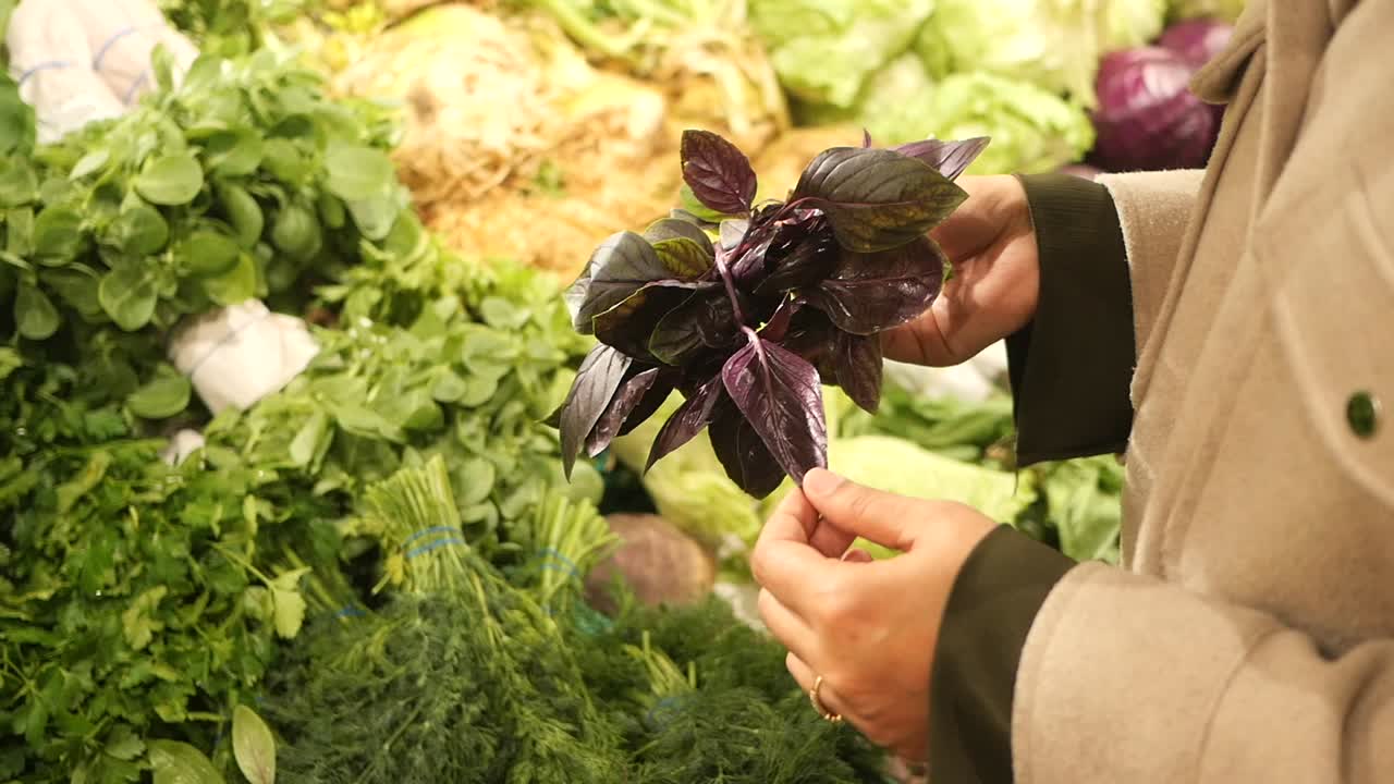 mujer comprando albahaca púrpura en el mercado de agricultores