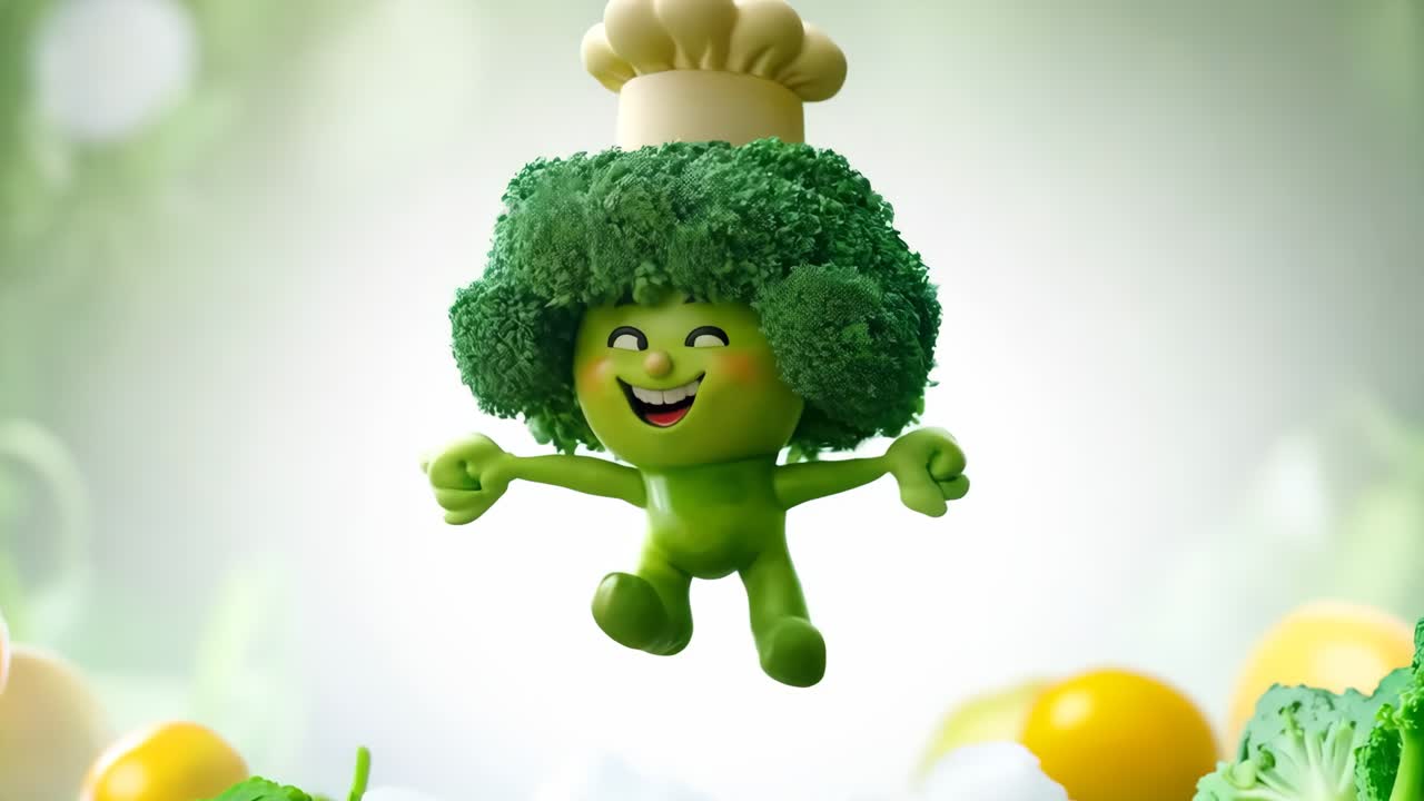 머리에 셰프 모자를 입은 브로콜리 캐릭터