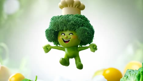 un personaje de brócoli con un sombrero de chef en la cabeza