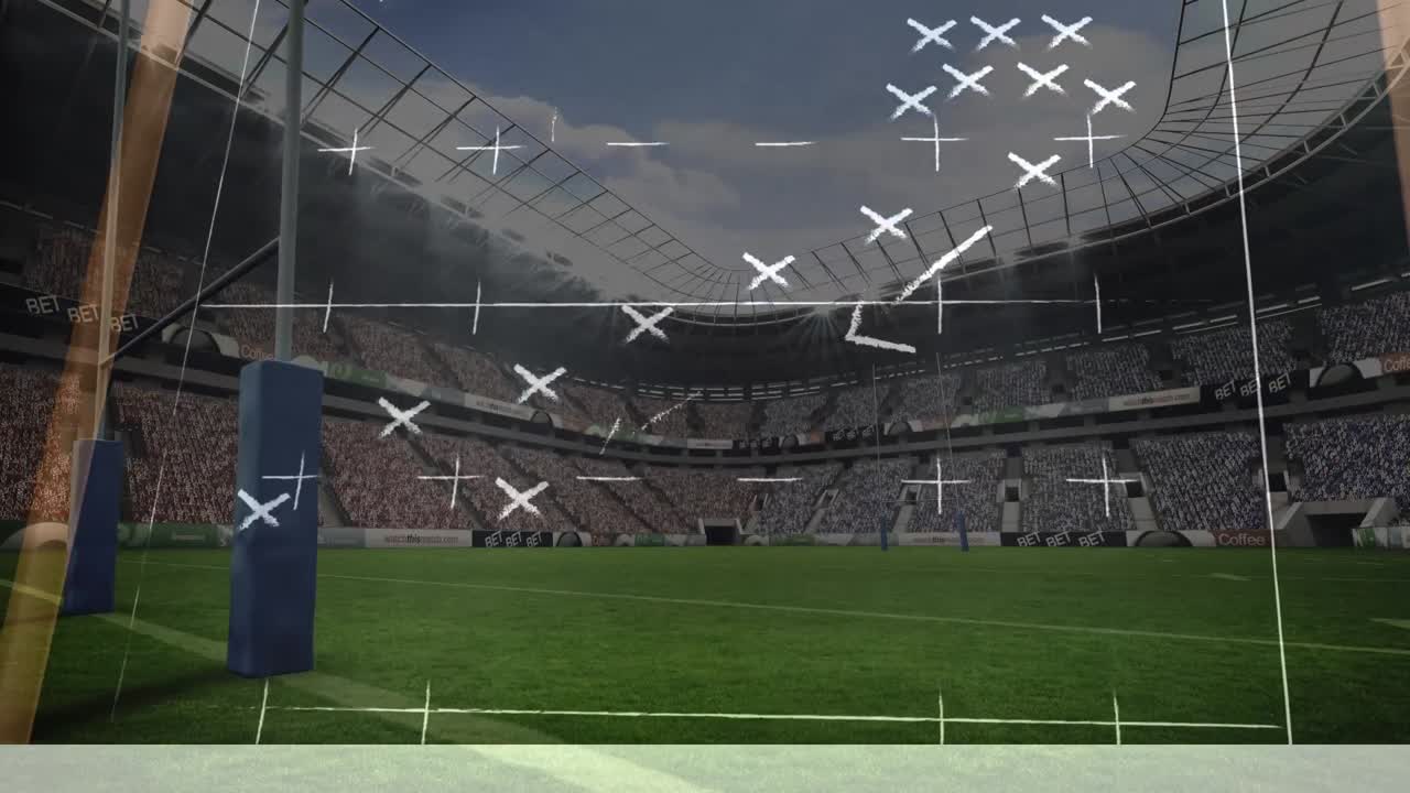 Animation of drawing of game plan over rugby stadium