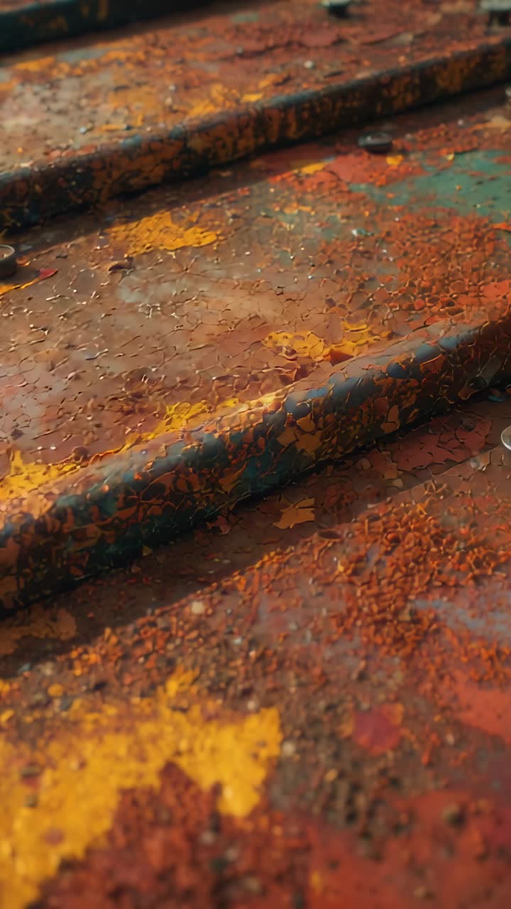 Vertical video: Sliding camera moving to reveal rusted tread close-up exposing peeling paint, nut