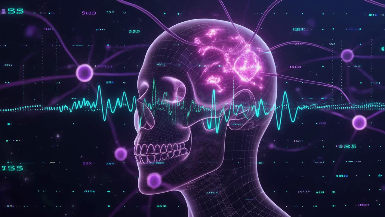 Futuristic Wireframe Head with Glowing Brain Activity and Neural Network