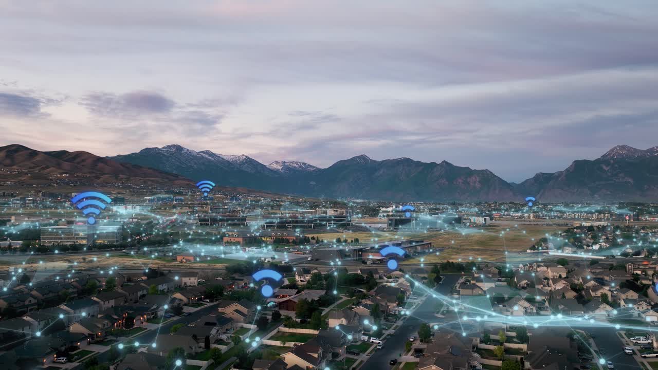 Suburban community active with digital internet networks and Wi-Fi hotspots - aerial view with concept animation